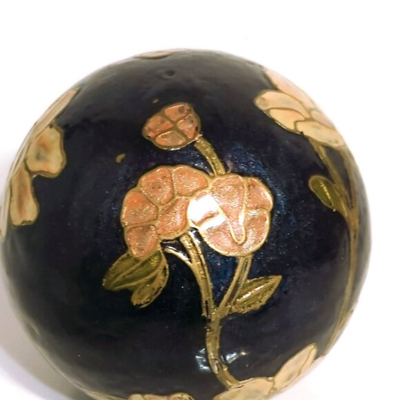 Vintage Enamel Cloisonne Over Brass Ball Sphere Blue Pink Floral Large - Picture 5 of 5
